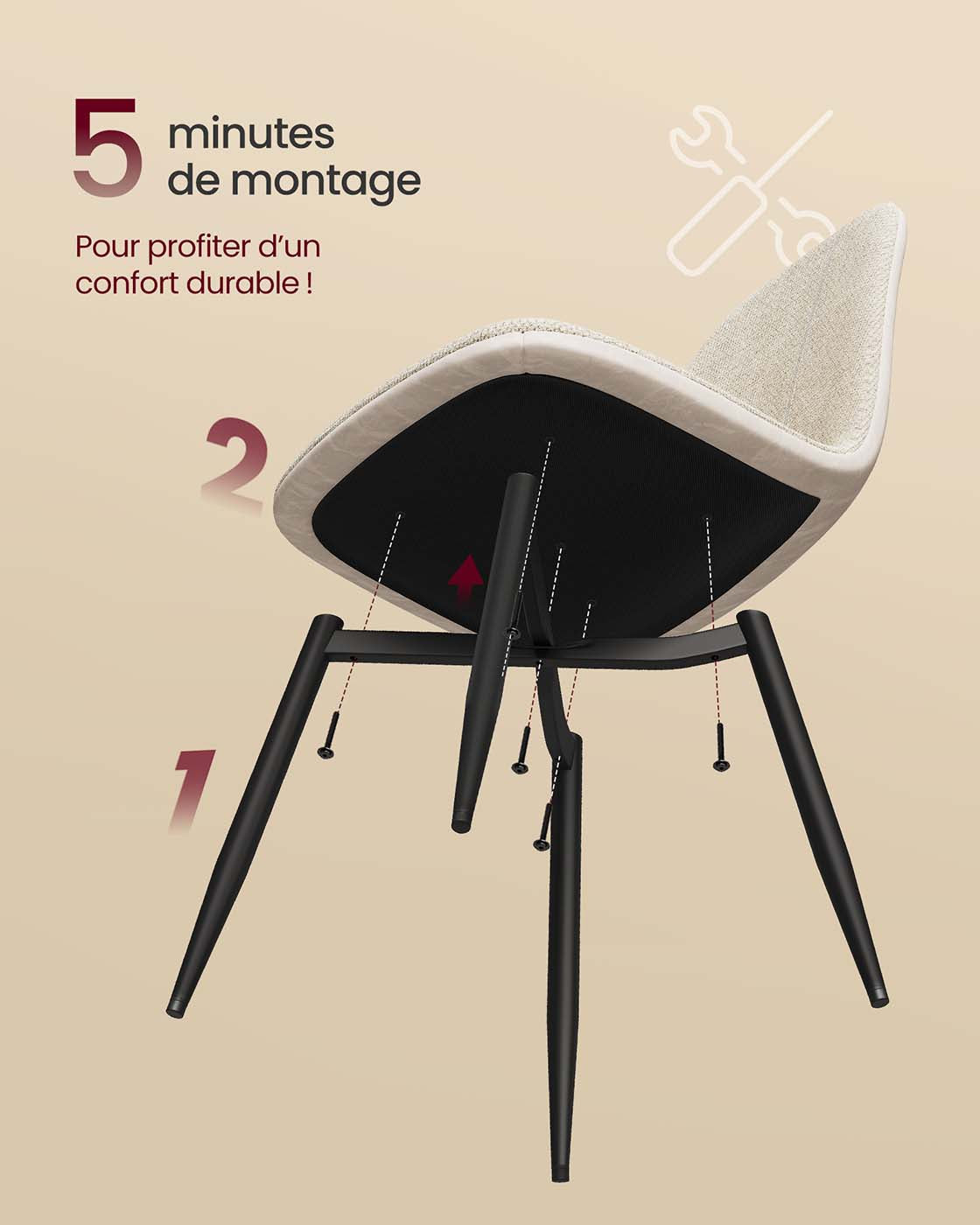 Set di 4 sedie da pranzo con supporto in metallo piedini regolabili facili da pulire sedie da cucina in tessuto ciniglia PU testurizzato bianco 12_0004983