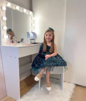 Set Tavolo da Trucco Toeletta con Specchio, 12 Luci LED, Sgabello Imbottito e Ampio Cassetto in Legno, 80x40x140 cm, Bianco