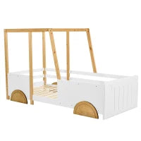 Letto Montessori a Forma di Jeep con Ruote e Sponde Protettive, Letto per Cameretta, Senza Materasso, in Legno e MDF, 90x200 cm, Bianco
