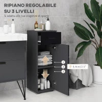 kleankin Mobiletto Bagno in Truciolato con Cassetto e Armadietto a 2 Livelli Regolabili, 30x30x82 cm, Nero e Grigio