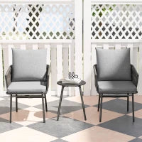 Set di Mobili da Esterno 3 Pezzi con 2 Sedie e 1 Tavolo, Set Bistrò, Rattan Sintetico, Struttura in Acciaio, Tavolo in Metallo, 4 Cuscini, Grigio