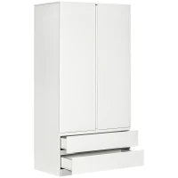 Armadio Guardaroba in Truciolato Bianco con Appendiabiti e 2 Cassetti Scorrevoli per Camere da Letto, 100x60x200 cm