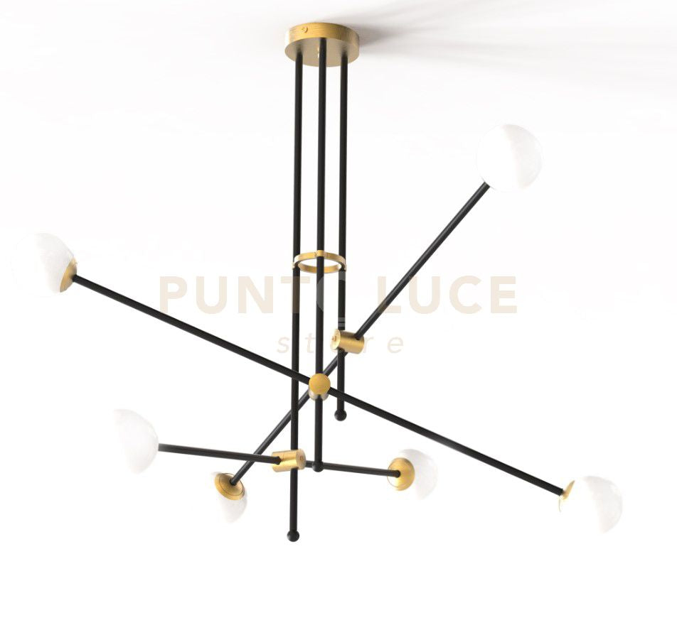 KEVIN Lampadario da soffitto 6 luci struttura nero e ottone spazzolato attacco G9