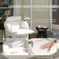Poltrona Sospesa in Stile Boho con Cuscino, in Acciaio, Cotone e Poliestere, 80x60x40 cm, Bianco Crema