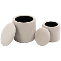 Set di 2 Pouf Contenitore Salvaspazio Rotondi e Imbottiti in Velluto a Coste, Bianco