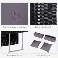 Sdraio da Spiaggia Reclinabile a 2 Posti con Tettuccio Parasole e Cassetti, Grigio