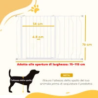 Cancelletto di Sicurezza per Cani in Acciaio e ABS, Estensibile 75-115cm per Scale e Porte, Bianco