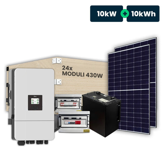 KIT Fotovoltaico Trifase 10kW con Inverter Ibrido, 24 Moduli 400W TIER-1 (9.6kW) Full Black con Accumulo LFP 10kWh e Quadri DC 2/2 e AC 1/1 10kW