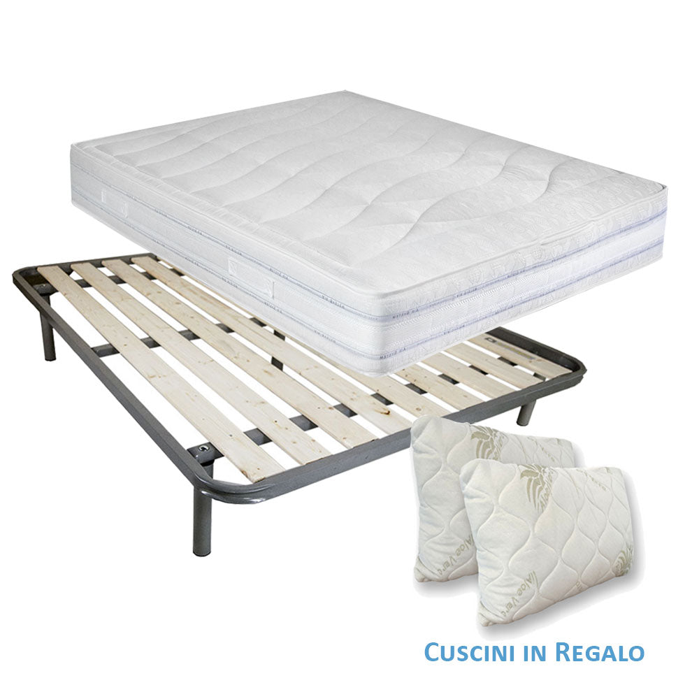 Kit materasso molle e lana rigido e rete a tavole matrimoniale 160x190 Messico H25 cuscini inclusi - Comprarredo