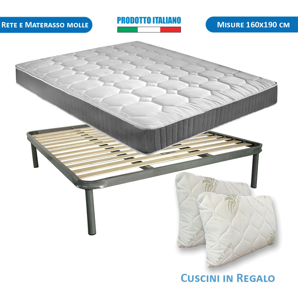 Kit materasso a molle rigido e rete ortopedica matrimoniale 160x190 Panama H19, cuscini inclusi - Comprarredo