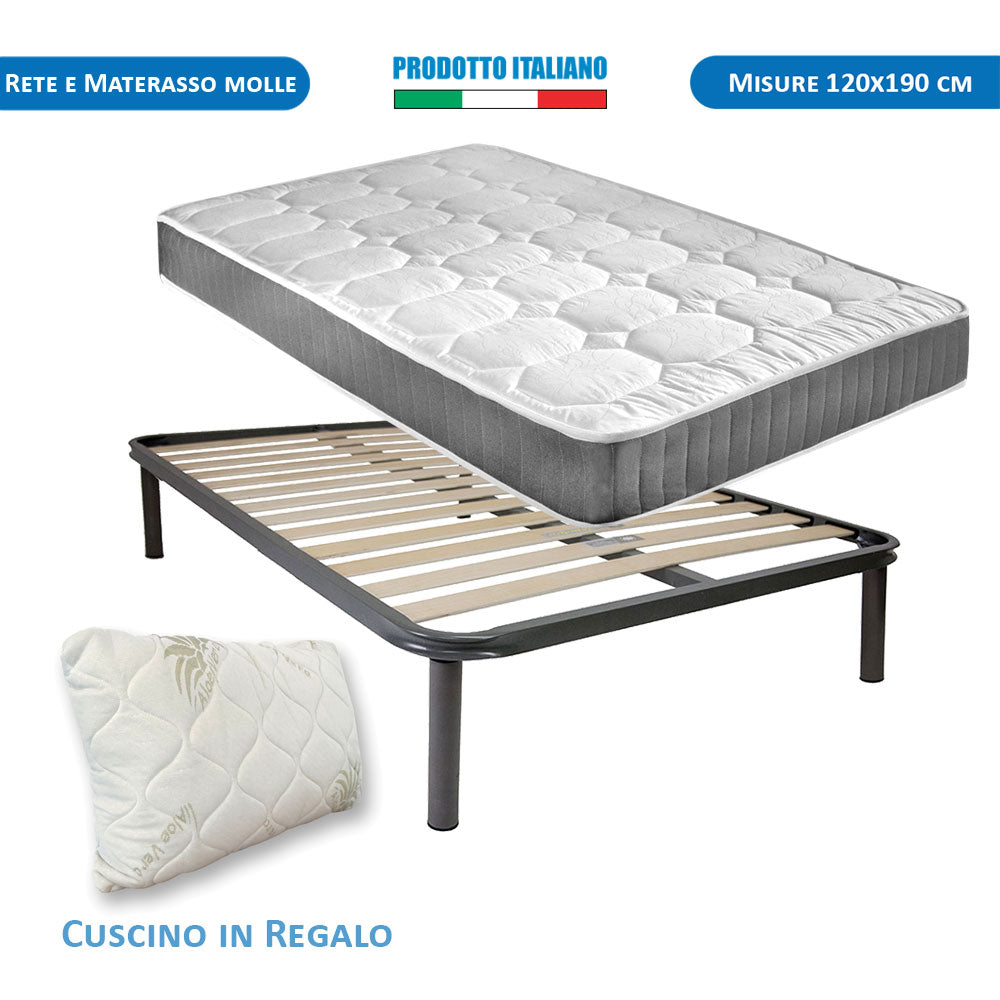 Kit materasso a molle rigido e rete ortopedica piazza e mezza 120x190 Panama H19, cuscino incluso - Comprarredo