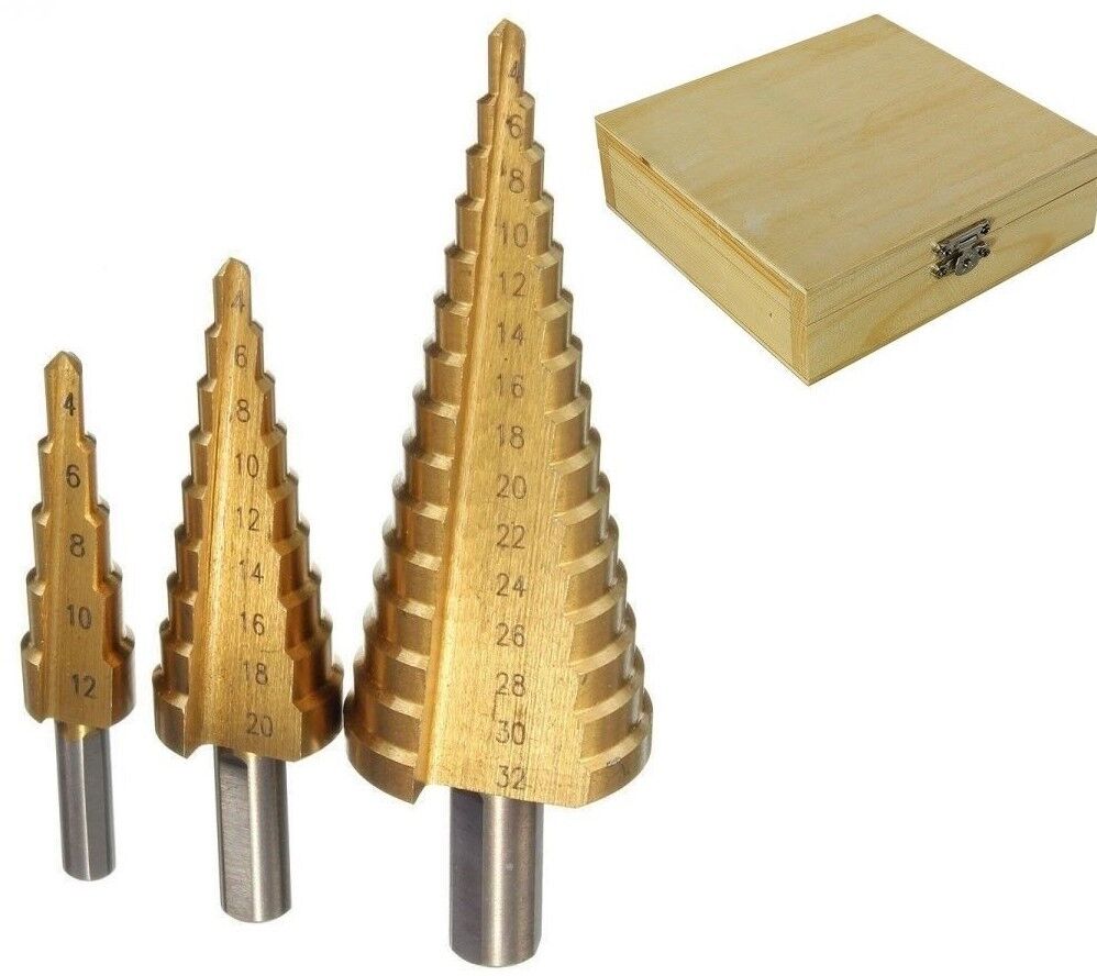 KIT SET FRESA A GRADINI SCALINI CONICA HSS 4-32 4-20 4-12 MM ALLARGAFORI PUNTA