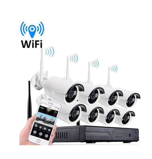 KIT VIDEOSORVEGLIANZA 8 CANALI WIRELESS FULL HD IP 8 TELECAMERE 2MPX WIFI DA REMOTO