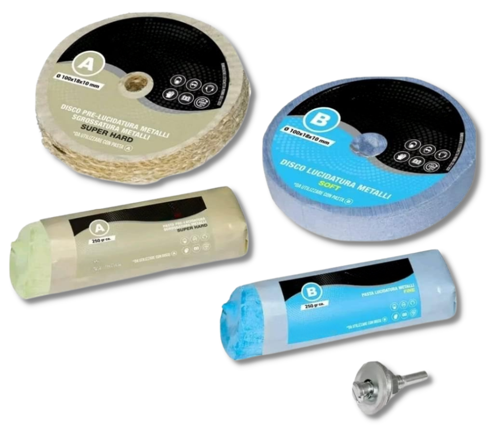 Kit Lucidatura Metalli 2 Disco 100 mm e 2 Pasta Abrasiva Lucidante 250 gr Per Lucidare a Specchio Acciaio Inox Alluminio Cromature Ottone Rame Trapano
