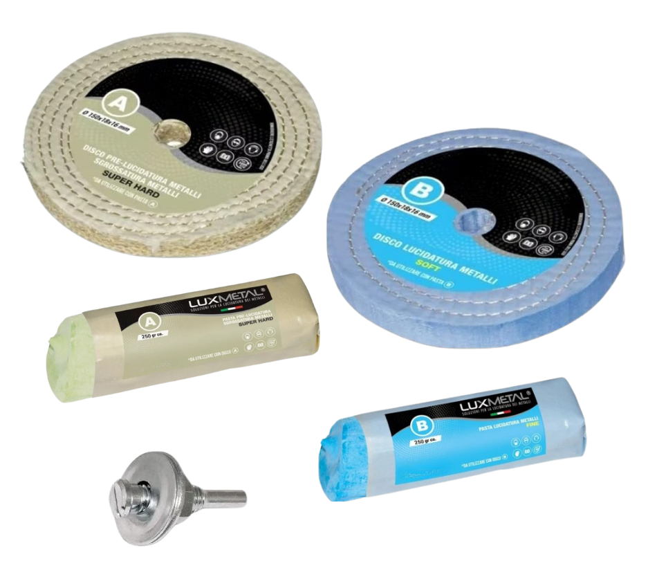 Kit Lucidatura Metalli 2 Disco 150 mm e 2 Pasta Abrasiva Lucidante 250 gr Per Lucidare a Specchio Acciaio Inox Alluminio Cromature Ottone Rame Trapano