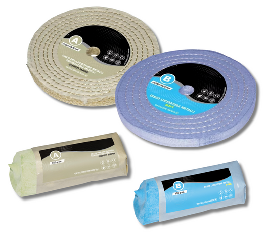 Kit Lucidatura Metalli 2 Disco 200 mm e 2 Pasta Abrasiva Lucidante 350gr Per Lucidare a Specchio Acciaio Inox Alluminio Cromature Ottone Mola Da Banco
