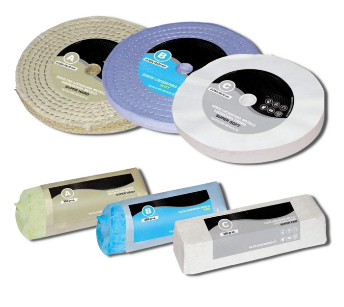 Kit Lucidatura Metalli 3 Disco 200 mm e 3 Pasta Abrasiva Lucidante 350gr Per Lucidare a Specchio Acciaio Inox Alluminio Cromature Ottone Mola Da Banco