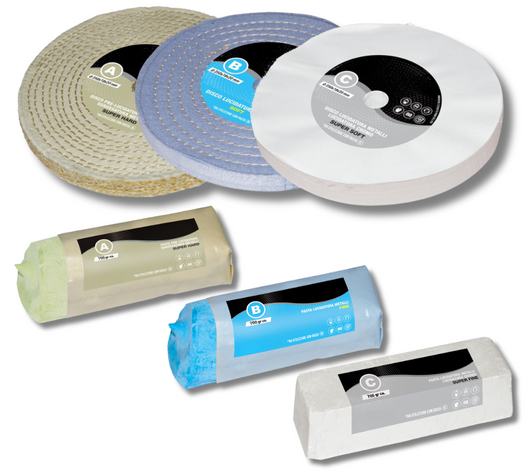 Kit Lucidatura Metalli 3 Disco 250 mm e 3 Pasta Abrasiva Lucidante 700gr Per Lucidare a Specchio Acciaio Inox Alluminio Cromature Ottone Mola Da Banco