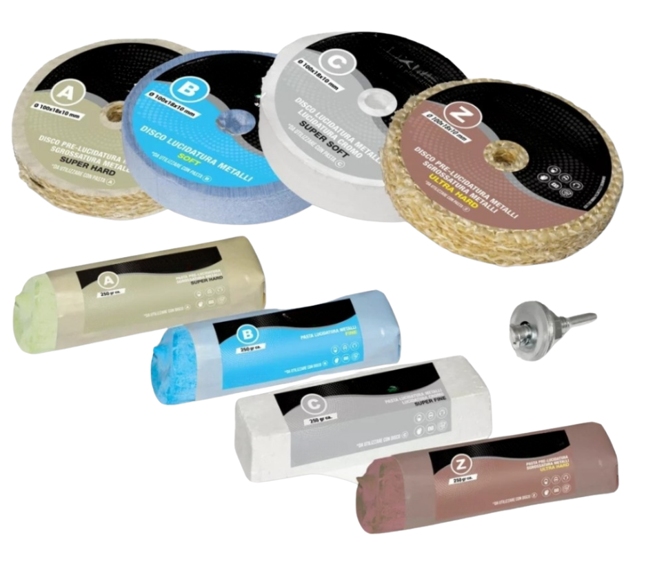 Kit Lucidatura Metalli 4 Disco 100 mm e 4 Pasta Abrasiva Lucidante 250 gr Per Lucidare a Specchio Acciaio Inox Alluminio Cromature Ottone Rame Trapano