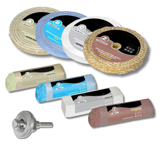 Kit Lucidatura Metalli 4 Disco 150 mm e 4 Pasta Abrasiva Lucidante 250 gr Per Lucidare a Specchio Acciaio Inox Alluminio Cromature Ottone Rame Trapano