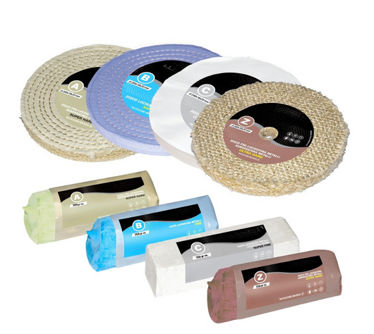 Kit Lucidatura Metalli 4 Disco 200 mm e 4 Pasta Abrasiva Lucidante 350gr Per Lucidare a Specchio Acciaio Inox Alluminio Cromature Ottone Mola Da Banco