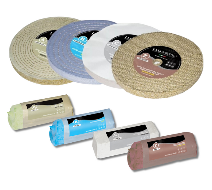 Kit Lucidatura Metalli 4 Disco 250 mm e 4 Pasta Abrasiva Lucidante 700gr Per Lucidare a Specchio Acciaio Inox Alluminio Cromature Ottone Mola Da Banco