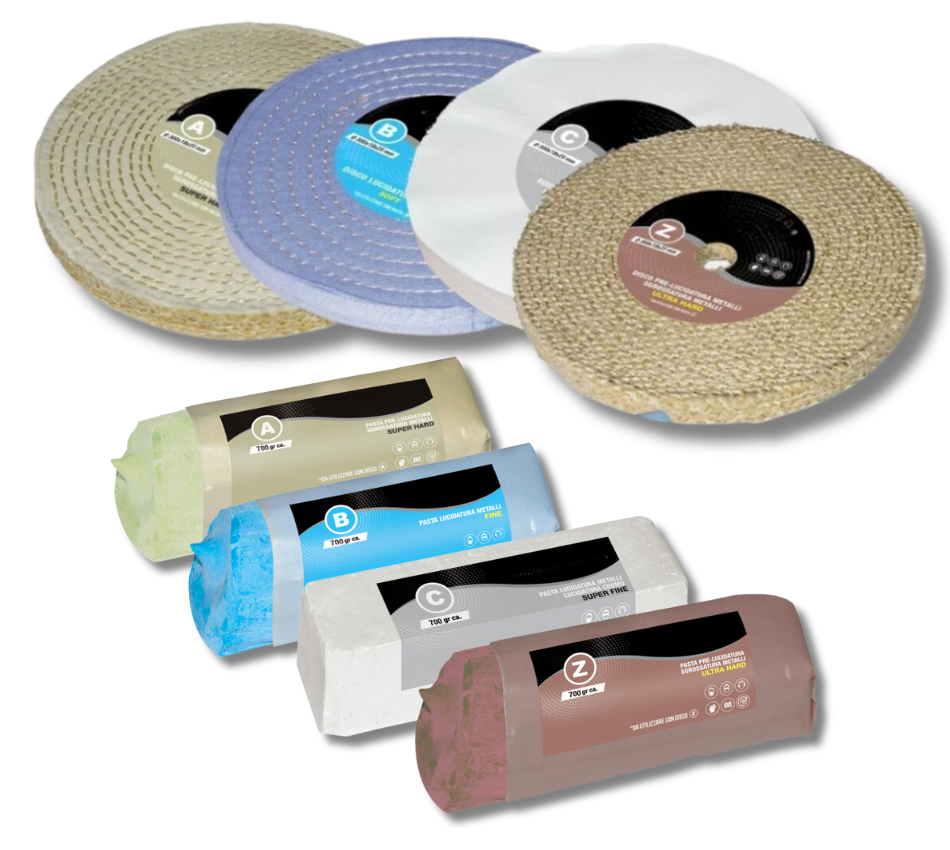 Kit Lucidatura Metalli 4 Disco 300 mm e 4 Pasta Abrasiva Lucidante 700gr Per Lucidare a Specchio Acciaio Inox Alluminio Cromature Ottone Mola Da Banco