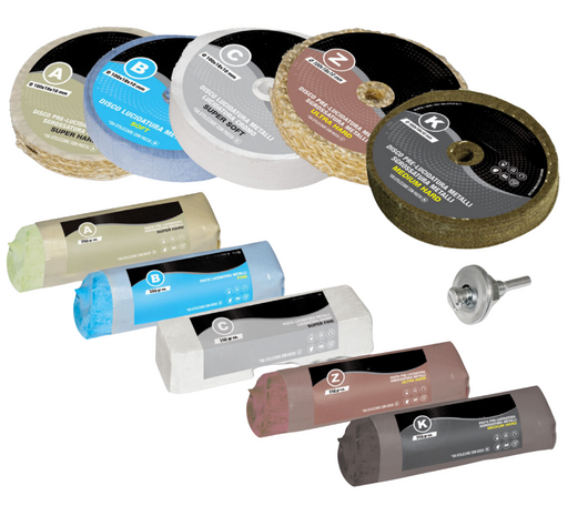 Kit Lucidatura Metalli 5 Disco 100 mm e 5 Pasta Abrasiva Lucidante 250 gr Per Lucidare a Specchio Acciaio Inox Alluminio Cromature Ottone Rame Trapano