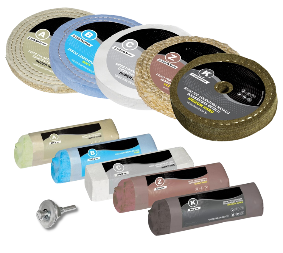 Kit Lucidatura Metalli 5 Disco 150 mm e 5 Pasta Abrasiva Lucidante 250 gr Per Lucidare a Specchio Acciaio Inox Alluminio Cromature Ottone Rame Trapano