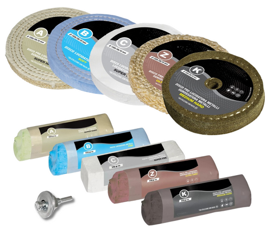 Kit Lucidatura Metalli 5 Disco 150 mm e 5 Pasta Abrasiva Lucidante 250 gr Per Lucidare a Specchio Acciaio Inox Alluminio Cromature Ottone Rame Trapano