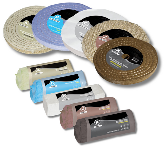 Kit Lucidatura Metalli 5 Disco 200 mm e 5 Pasta Abrasiva Lucidante 350gr Per Lucidare a Specchio Acciaio Inox Alluminio Cromature Ottone Mola Da Banco