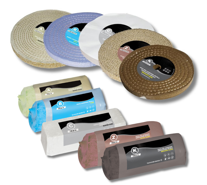 Kit Lucidatura Metalli 5 Disco 300 mm e 5 Pasta Abrasiva Lucidante 700gr Per Lucidare a Specchio Acciaio Inox Alluminio Cromature Ottone Mola Da Banco