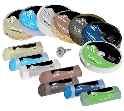 Kit Lucidatura Metalli 7 Disco 100 mm e 7 Pasta Abrasiva Lucidante 250 gr Per Lucidare a Specchio Acciaio Inox Alluminio Cromature Ottone Rame Trapano