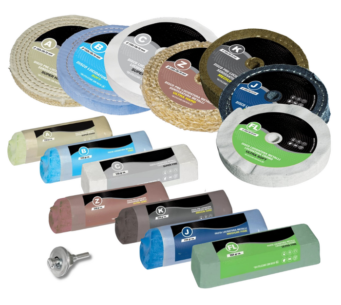 Kit Lucidatura Metalli 7 Disco 150 mm e 7 Pasta Abrasiva Lucidante 250 gr Per Lucidare a Specchio Acciaio Inox Alluminio Cromature Ottone Rame Trapano