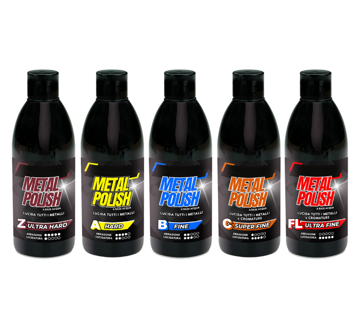 Metal Polish Lucidante Kit Lucidatura 5 x 250 g Z-A-B-C-FL Pasta Abrasiva Per Lucidare Acciaio Inox Metalli Alluminio Cromature Ottone Rame Auto Moto