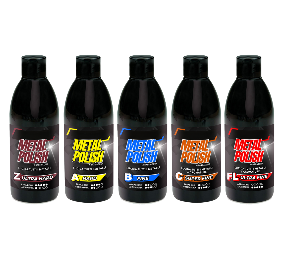 Metal Polish Lucidante Kit Lucidatura 5 x 250 g Z-A-B-C-FL Pasta Abrasiva Per Lucidare Acciaio Inox Metalli Alluminio Cromature Ottone Rame Auto Moto