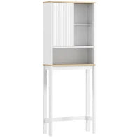 Mobile Sopra WC con Porta a Doghe, Scomparti e Ripiano Regolabile, 65x25x170 cm, Bianco