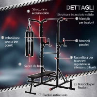 Power Tower con Panca e Sacco da Boxe di 20kg, Stazione Multiuso in Acciaio Nero per Allenamento Total Body