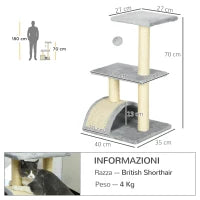 Albero per Gatti a 3 Livelli con Tiragraffi, Peluche e Sisal, 40x35x72 cm, Grigio Chiaro