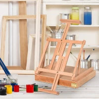 Cavalletto in Legno di Faggio con Cassetto Inferiore, Altezza e Angolazione Regolabile, 42x36x12.5 cm