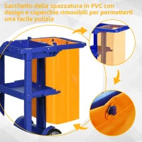 Carrello Pulizie a 3 Ripiani con Ganci e Sacco da 100L, 121x50.5x96.5 cm, Blu Giallo e Grigio