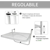 Tavolo da Ringhiera con Ganci ad Altezza Regolabile su 3 Livelli, in Metallo, 60x56.5x45 cm, Bianco