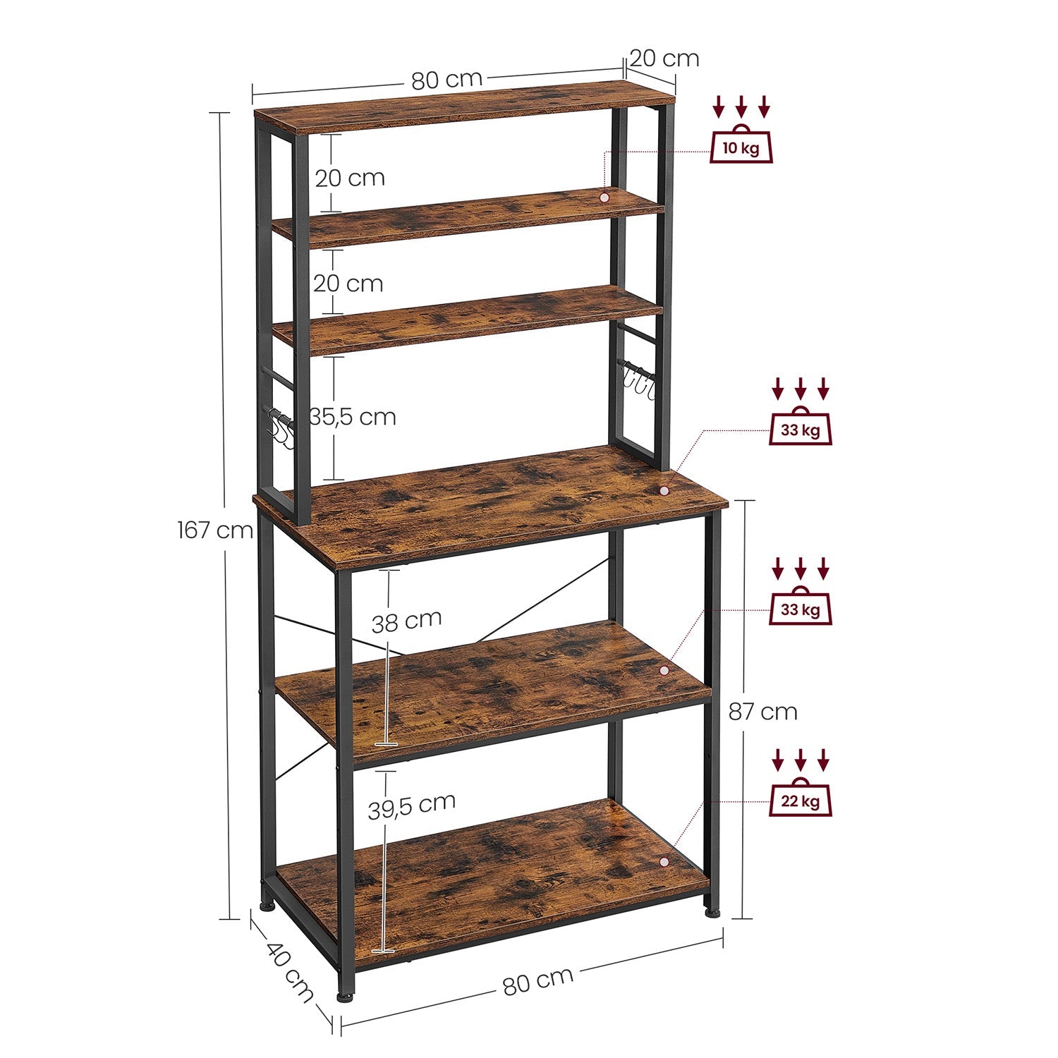 Scaffale da cucina con ripiani portaoggetti 6 ganci struttura in metallo per utensili forno a microonde stile industriale 80 x 40 x 167 cm marrone12_0005643