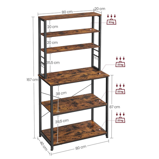 Scaffale da cucina con ripiani portaoggetti 6 ganci struttura in metallo per utensili forno a microonde stile industriale 80 x 40 x 167 cm marrone12_0005643