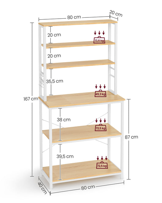 Scaffale da cucina con ripiani portaoggetti 6 ganci struttura in metallo per utensili forno a microonde stile industriale 80 x 40 x 167 cm bianco 12_0005646