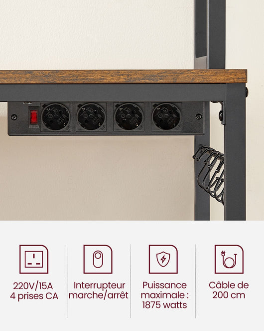 Mensola da cucina con multipresa porta microonde ripiano portaoggetti con pannello in rete 14 ganci 40 x 80 x 170 cm marrone rustico e nero 12_0005666