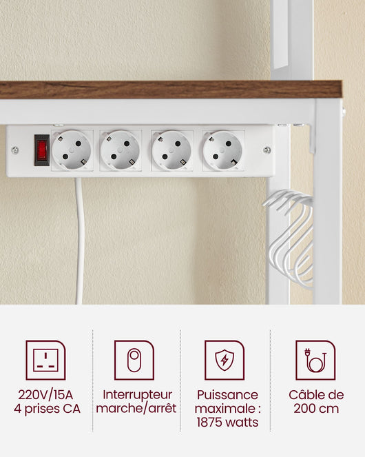 Mensola da cucina con multipresa porta microonde ripiano portaoggetti con pannello in rete 14 ganci 40 x 80 x 170 cm marrone 12_0005667