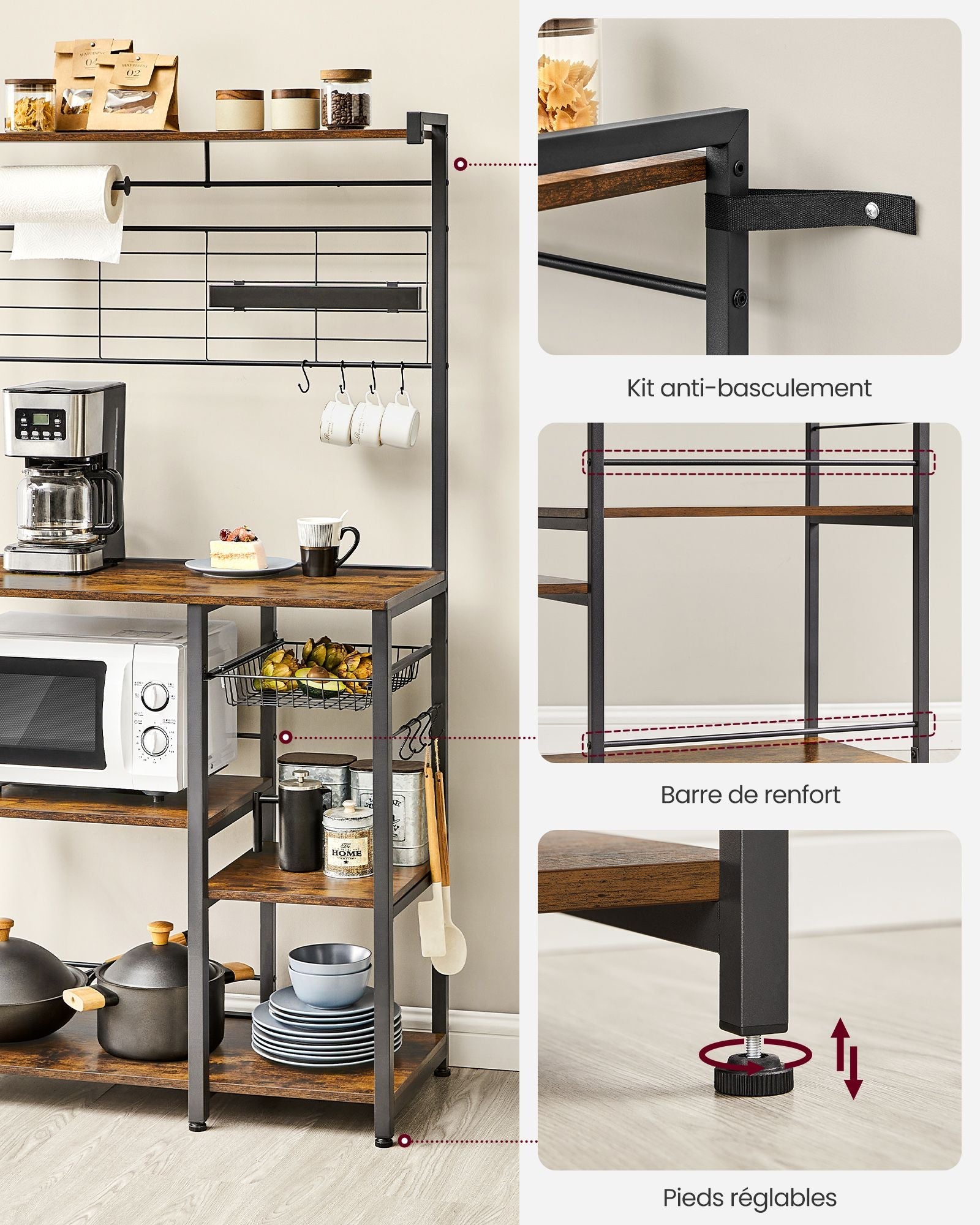 Mensola da cucina mobile contenitore isola da cucina 42 x 90 x 1673 cm con portacoltelli magnetico cestino in metallo portarotolo di carta 12 ganci marrone 12_0005690