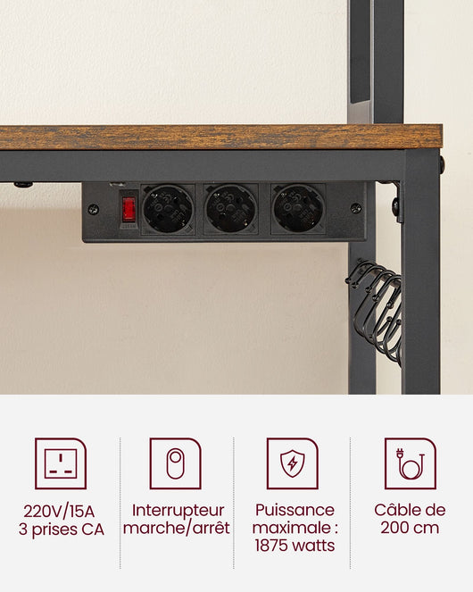 Mensola da cucina con multipresa porta microonde ripiano portaoggetti con pannello in rete 14 ganci 40 x 80 x 170 cm marrone 12_0005670