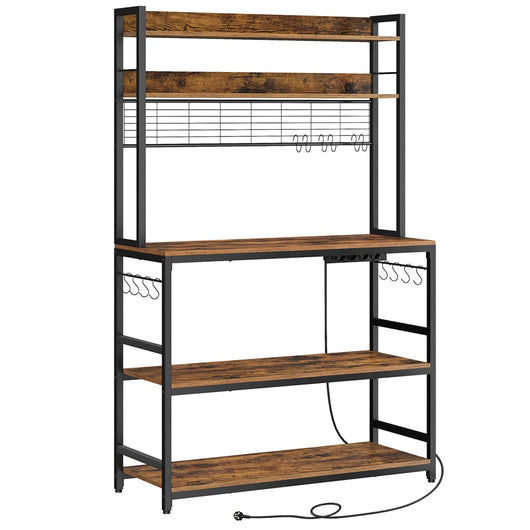 Mensola da cucina con multipresa porta microonde ripiano portaoggetti con pannello in rete 14 ganci 40 x 100 x 170 cm marrone 12_0005665